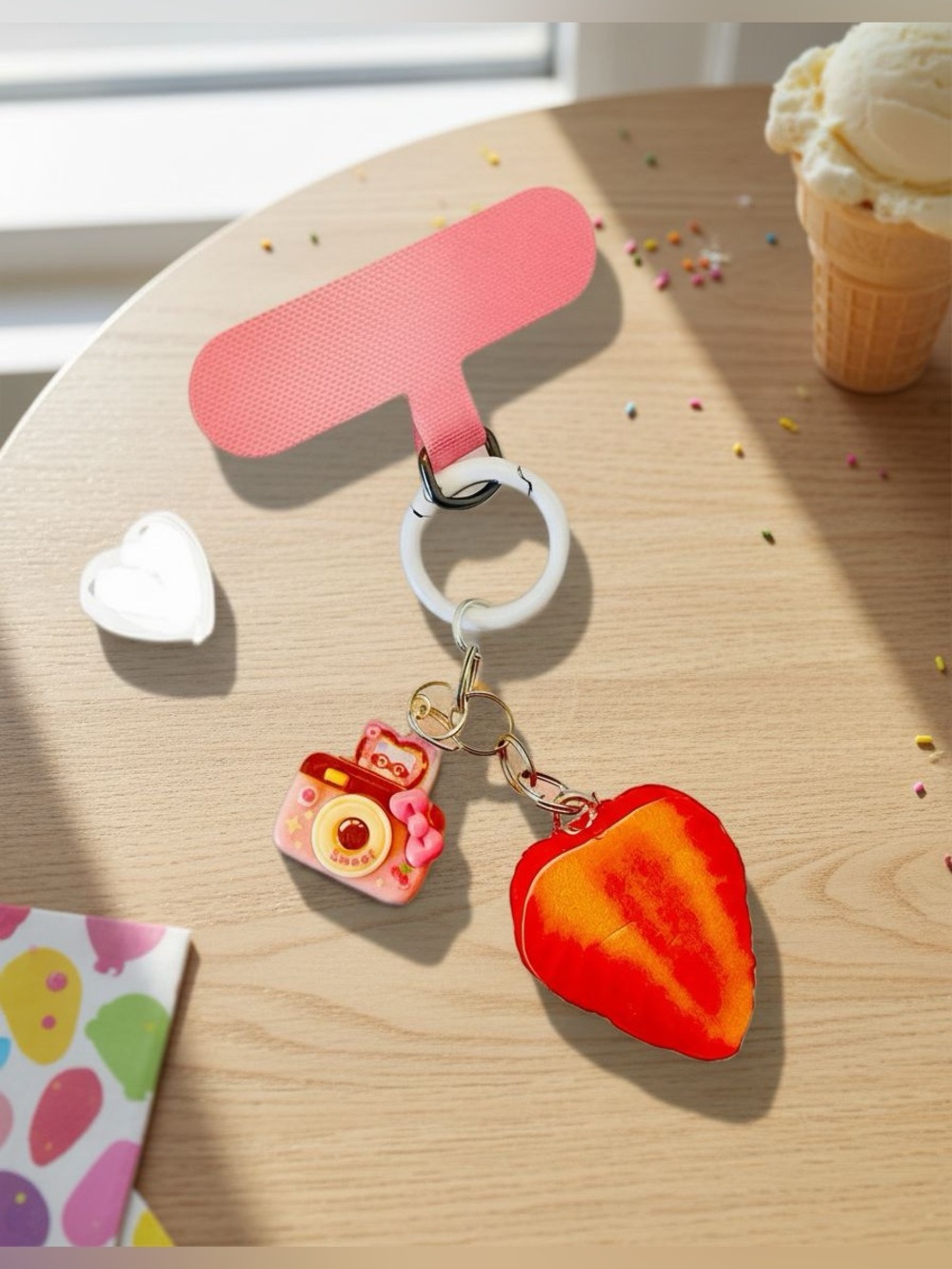 Playful Strawberry Camera Phone chain key chain Clip - Pink/Red
